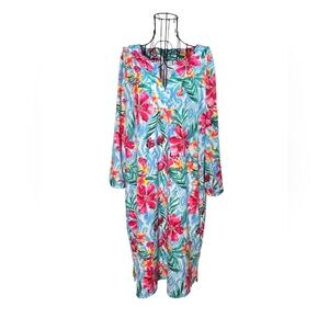 Stella Parker Tropical Floral Resort Shift Dress Size Large Blue Pink Vacation